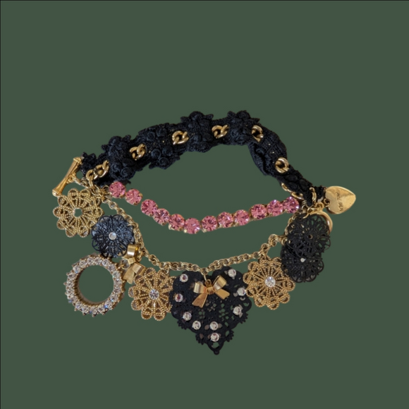 Betsey Johnson Jewelry - Bracelet Betsey Johnson Black Gold Heart Pink Rhinestone Three Strand Charm